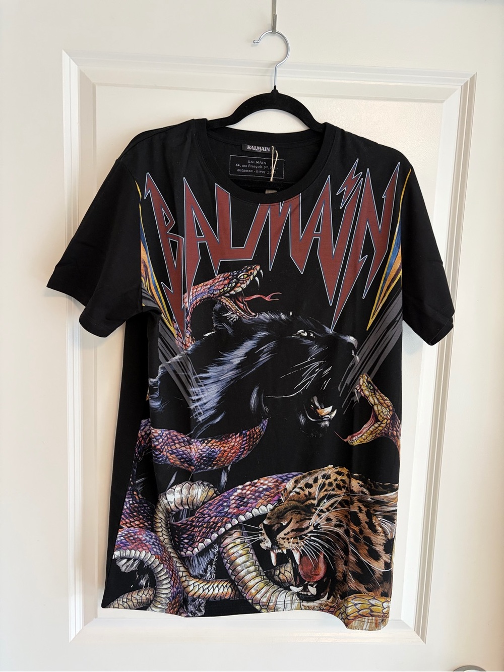 Balmain Black Graphic T‑Shirt with Panther, Leopard & Serpents